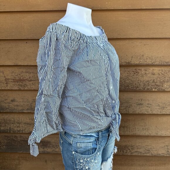Blue & White Striped Off-The-Shoulder Blouse With Button Front & Tie Hem - Picture 5 of 9